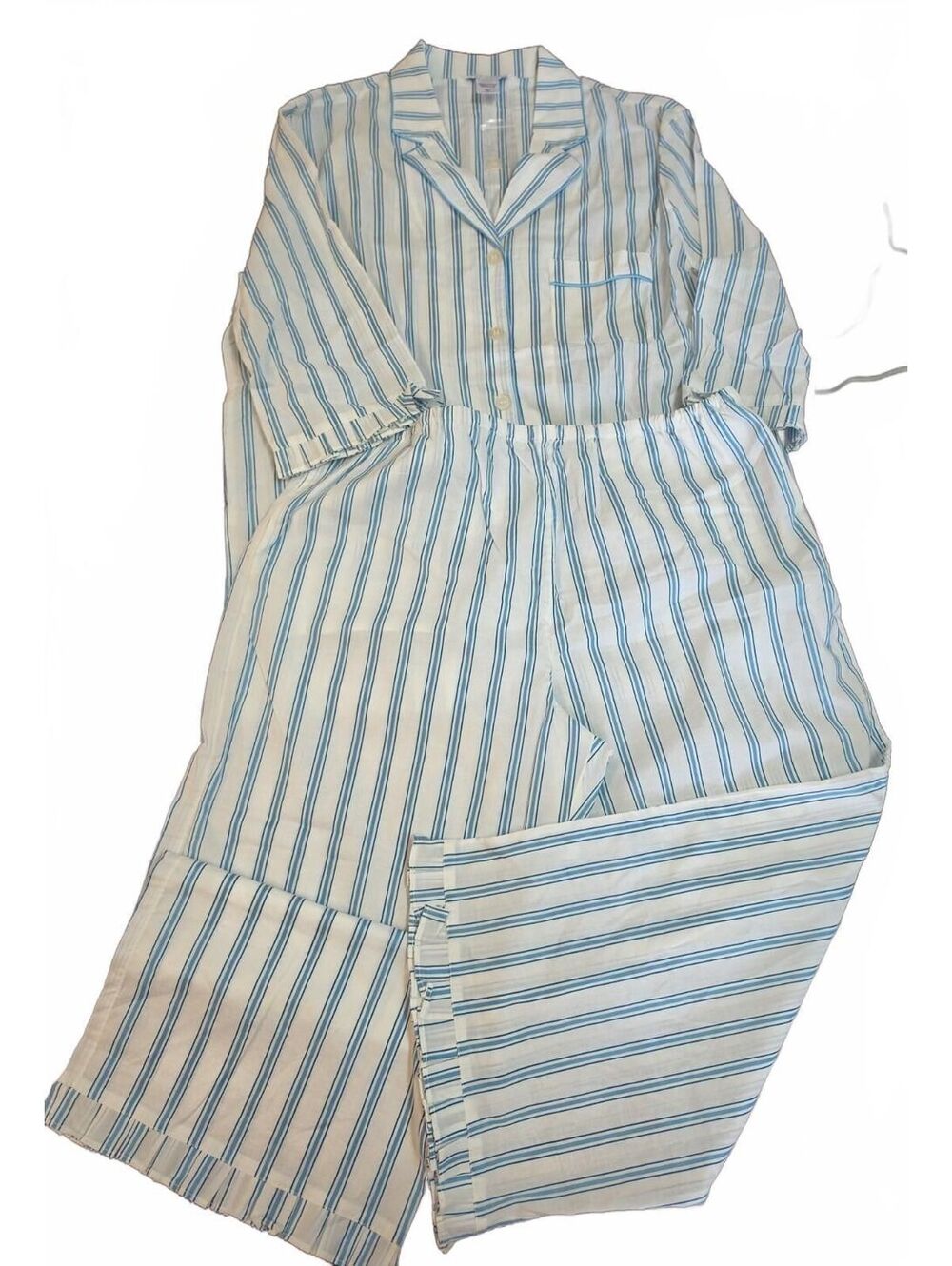 Cuddledown Pajama Set XL Blue White  Striped Shirt Capri Sleep Pants